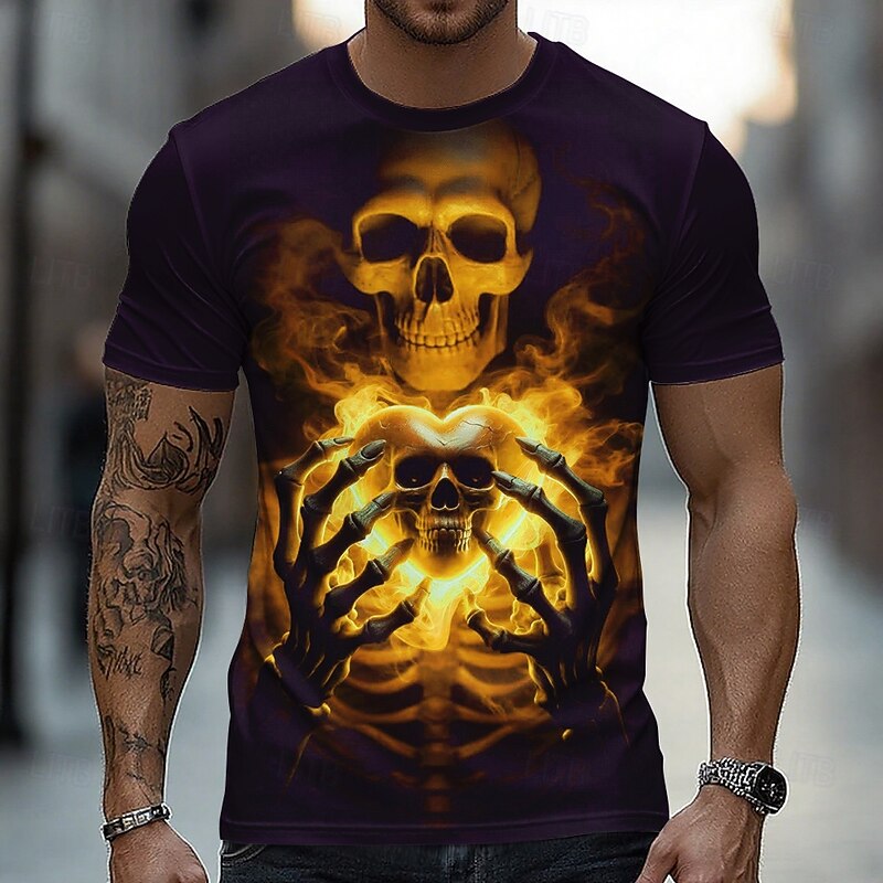 Halloween Men's Skull 3D T Shirt Short Sleeve T shirt 3D Print Crew Neck Shirt Fashion Exaggerated Daily Party Street Casual Yellow Red Blue Summer Spring All Seasons Clothing Apparel S M L XL XXL3