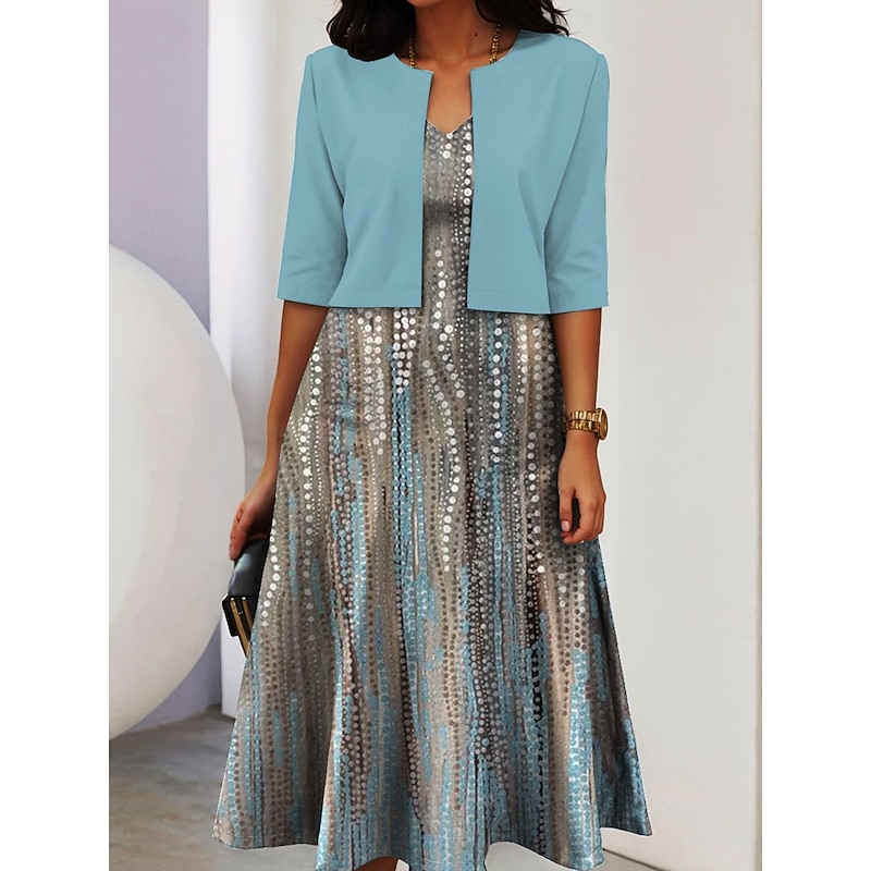 Women's Two Piece Dress Sets Midi Dress with Jacket Elegant A Line Dress Half Sleeve Casual Semi Formal Ombre Graphic Print V Neck Date Black Pink Red Spring Fall Regular Fit2