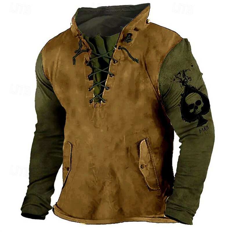 Men's Hoodie Black Army Green Brown Green Hooded Skull Lace up Patchwork Print Sports & Outdoor Daily Holiday Polyester Streetwear Basic Casual Spring Fall Clothing Apparel Hoodies Sweatshirts2