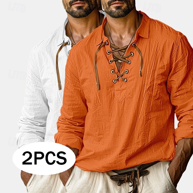 Men's Shirt Linen Shirt Viking Style Popover Shirt Summer Shirt Beach Wear Solid Color Vacation Street White+Orange White+Green Green+orange White+White Long Sleeve Collarless Summer Spring Clothing