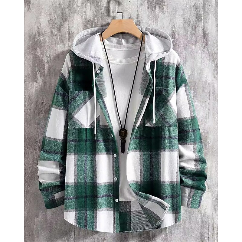 Men's Lightweight Jacket Shirt Jacket Casual Jacket Shacket Vacation Daily Breathable Pocket Spring Fall Plaid Fashion Classic Hooded Regular Wine Red Blue Green Jacket2