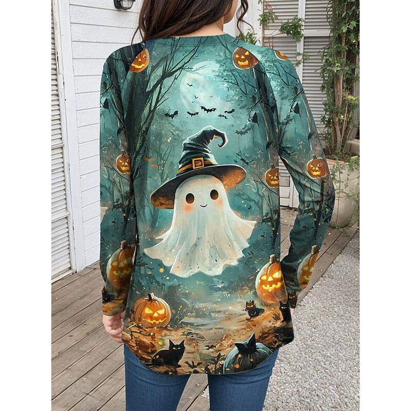 Halloween Women's T shirt Ghost Long Sleeve Graphic Geometric Vintage Stylish Classic Long Sleeve Crew Neck Regular Tops Daily Print Sage Green Purple Green Spring Fall Prefall2