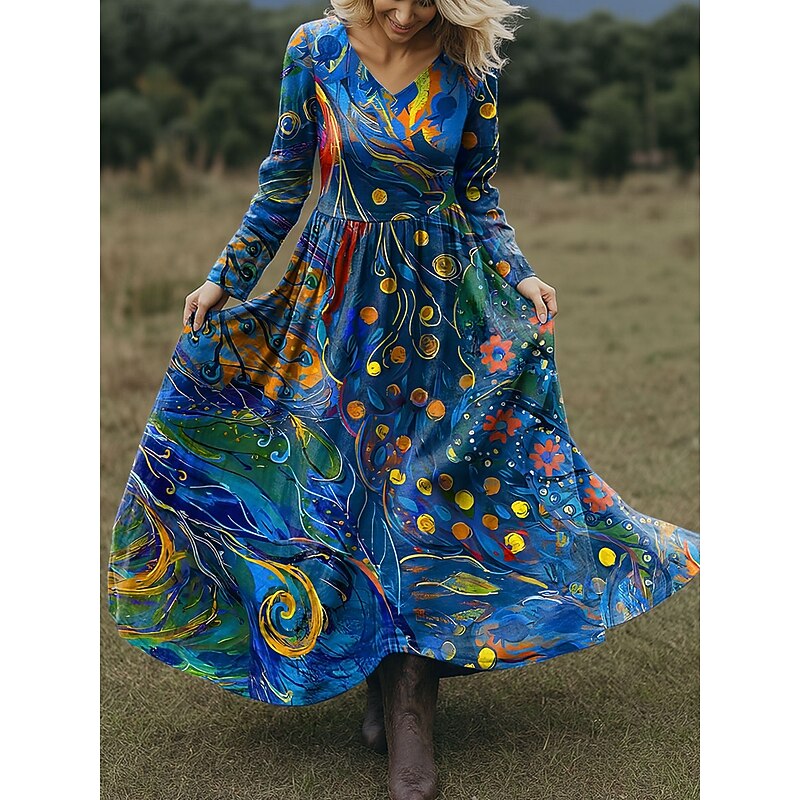 Women's Maxi Dress A Line Dress Vacation Casual Boho Beach Regular Fit Floral Graphic Paisley Long Sleeve V Neck Pink Red Blue Green Spring Fall