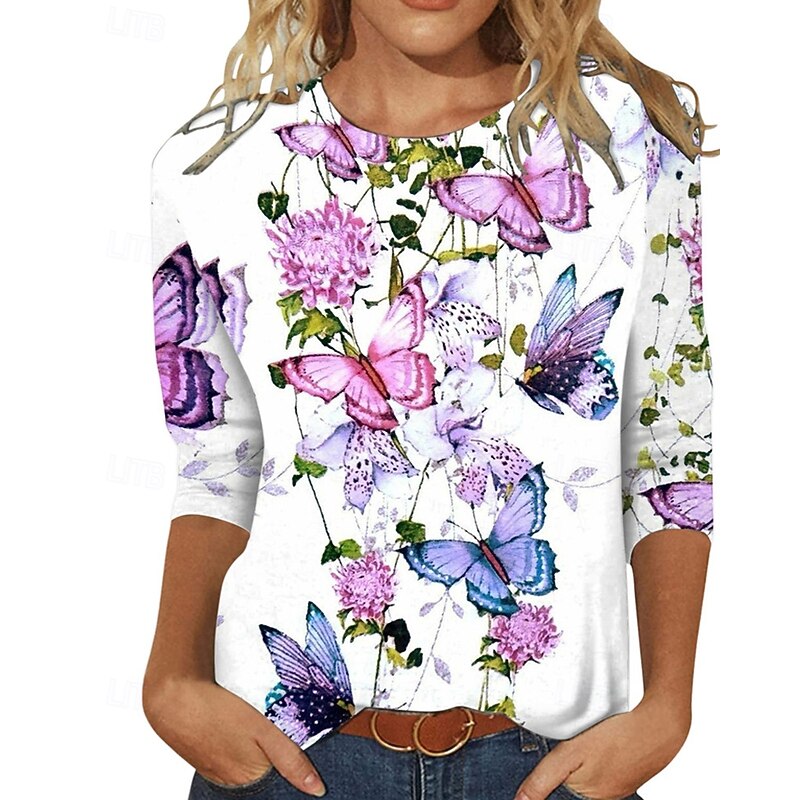 Women's T Shirt Floral Fashion Modern Long Sleeve Crew Neck Regular Tops Daily Blue Purple Gray Summer3