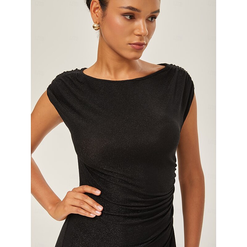 Black Glitter Off-Shoulder Cinched Knit Dress4