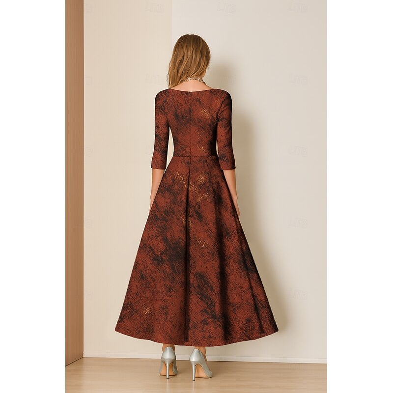 Rust Jacquard A-Line Cocktail Dresses Elegant Dress Formal Wedding Floor Length 3/4 Length Sleeve V Neck Satin with Pleats Ruched3