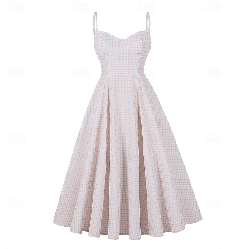 Retro Vintage 1950s Rockabilly Midi Flapper Dress Swing Dress Spaghetti Strap Fit and Flare with Pockets Plaid Fancy Dress Women's Masquerade Vacation Casual Retro Theme Party Adults Dress Spring2