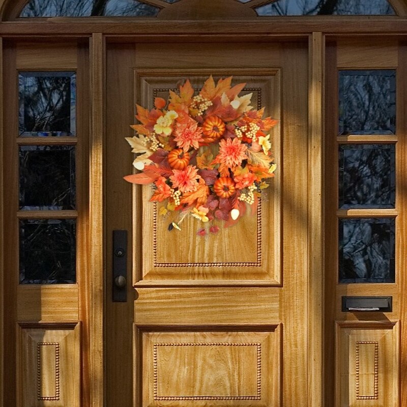 1pc, Classic Autumn Harvest Wreath for Front Door - Vibrant Faux Pumpkin, Maple Leaves & Pinecones, Perfect for Halloween & Thanksgiving Decor, Easy-to-Hang, No Power Required, Fall Decorations4