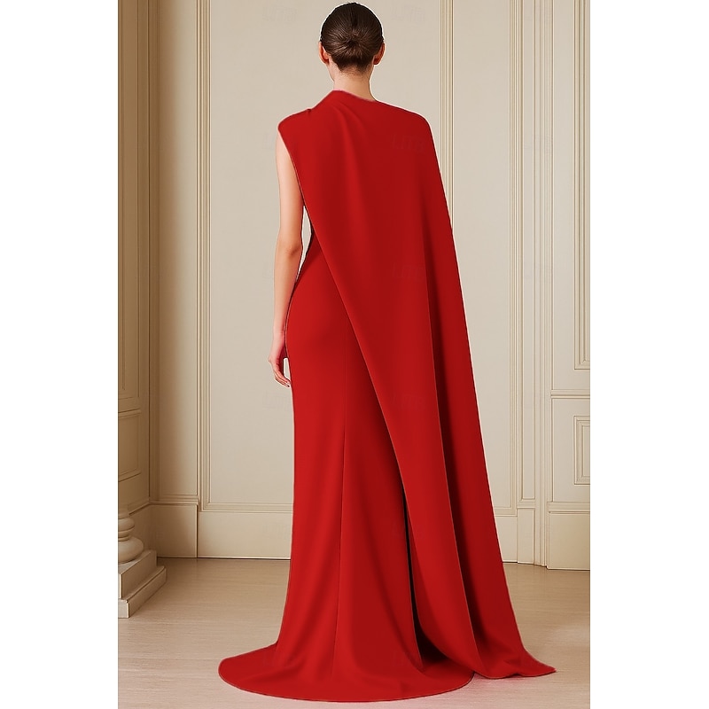 Cape Dress Mermaid / Trumpet Evening Gown Mock Neck Elegant Gown Formal Wedding Floor Length Short Sleeve  Stretch Crepe with Pleats2