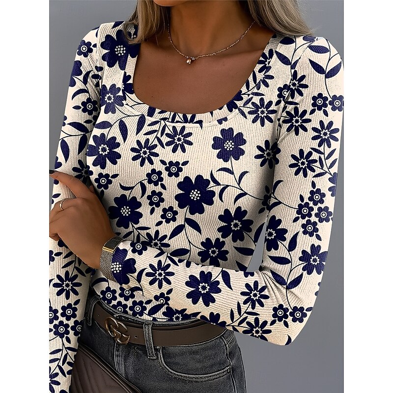 Women's T Shirt Ribbed Graphic Square Neck Long Sleeve Casual Floral Elegant Vintage Regular Tops Daily Going out Weekend Print White Light Green Red Blue Purple Spring Fall4