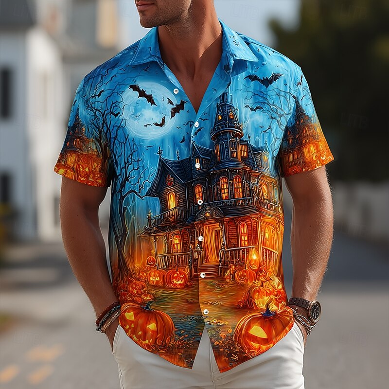 Halloween Men's Pumpkin House Halloween Costumes Shirt Button Up Shirt Short Sleeve Dark Punk Gothic Style Holiday Streetwear Summer Spring Turndown 3D Print Collared Shirts Blue