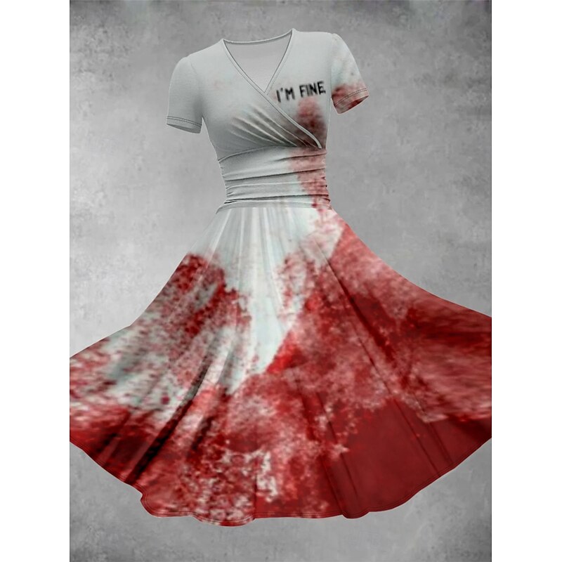 Halloween Women's Bloodstain Print Midi Dress A Line Dress Summer Dress Fit And Flare Dress Party Casual Daily Holiday Regular Fit Graphic Abstract Short Sleeve V Neck White Red Gray Summer2