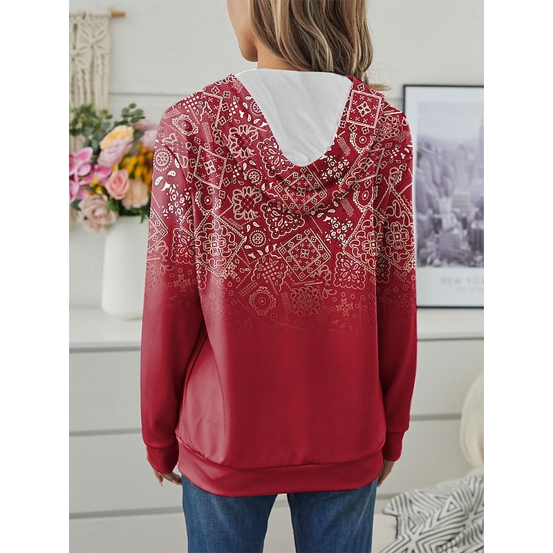 Women's Hooded Sweatshirt Jacket Long Sleeve Zip Up Hoodie With Pocket Lightweight Casual Micro-elastic Graphic Geometric Paisley Fashion Street Dailywear Pocket Print Red Blue Purple Green Fall2
