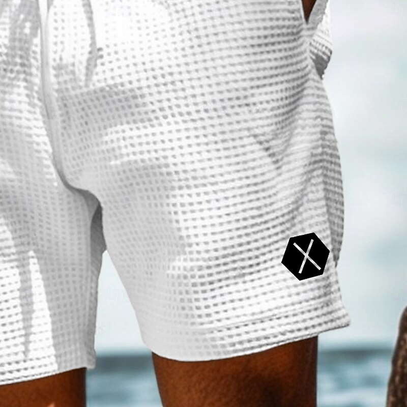 Men's Waffle Sweat Shorts Shorts Bermuda shorts Beach Shorts Elastic Waist Plain Comfort Sports Knee Length Yoga Daily Beach Vacation Ethnic Style White Blue Stretchy3