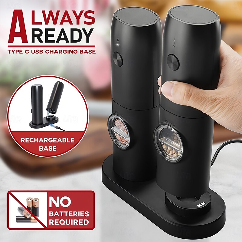 1 or 2-pack rechargeable electric pepper & salt grinders. 2-pack includes charging base. Rechargeable Electric Pepper and Salt Grinder, Auto operation, LED light, adjustable grind, USB charging. Black2
