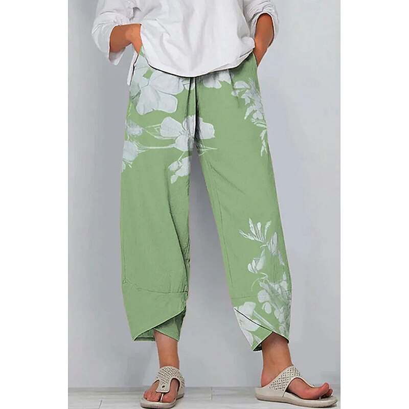 Women's Slacks Vacation Vintage Ethnic Style Ankle-Length High Waist Floral Graphic Elastic Waistband Comfy Breathability Soft Inelastic Outdoor Street Daily Light Green Pink Green Summer Spring3