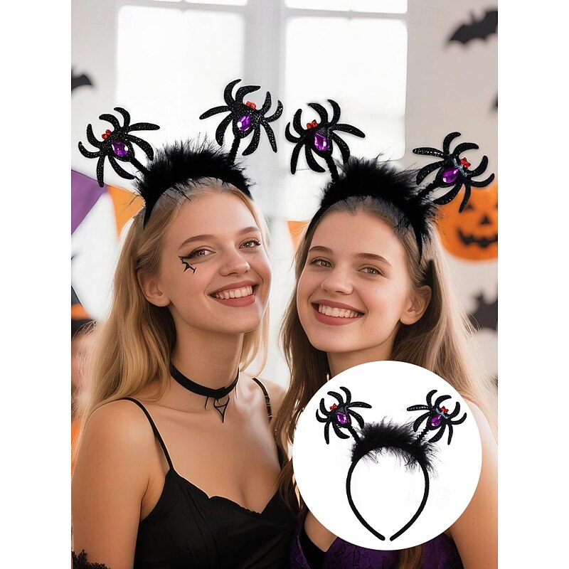 Women's Halloween Spider Headband – Cute Glitter Black Spider Design with Purple Gem, Soft Elastic Hair Accessory for Costume Party, Cosplay and Festive Celebrations
