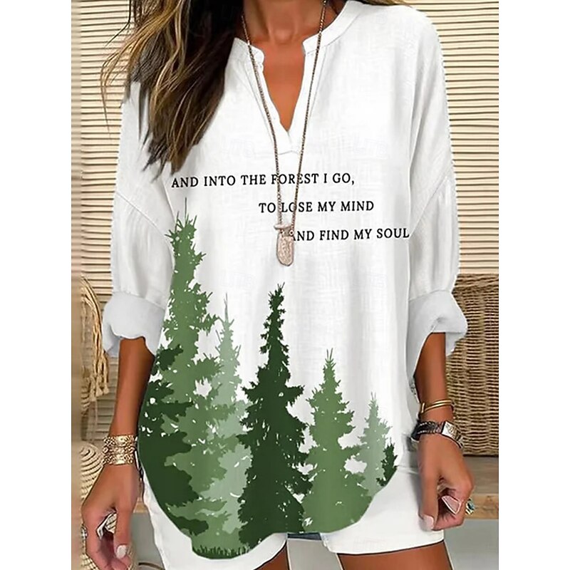 Women's Shirt Tree Letter Daily Casual Long Sleeve V Neck Regular Tops Daily Holiday Buttons Print White Green Spring Fall2
