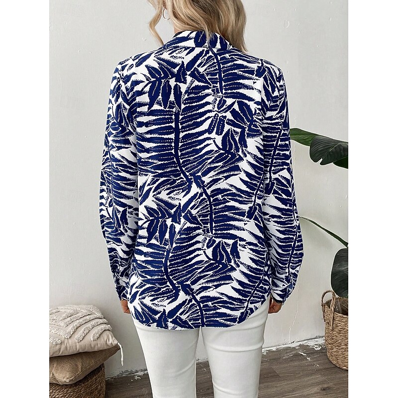 Women's Shirt Button Down Tunic Shirt Collar Long Sleeve Graphic Leaf Elegant Vintage Tropical Bishop Sleeve Regular Tops Daily Holiday Print Blue Spring2