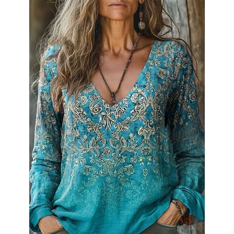 Women's Blouse Floral Bohemia Daily Long Sleeve V Neck Regular Tops Daily Holiday Print White Pink Dusty Rose Blue Purple Summer Spring Fall3