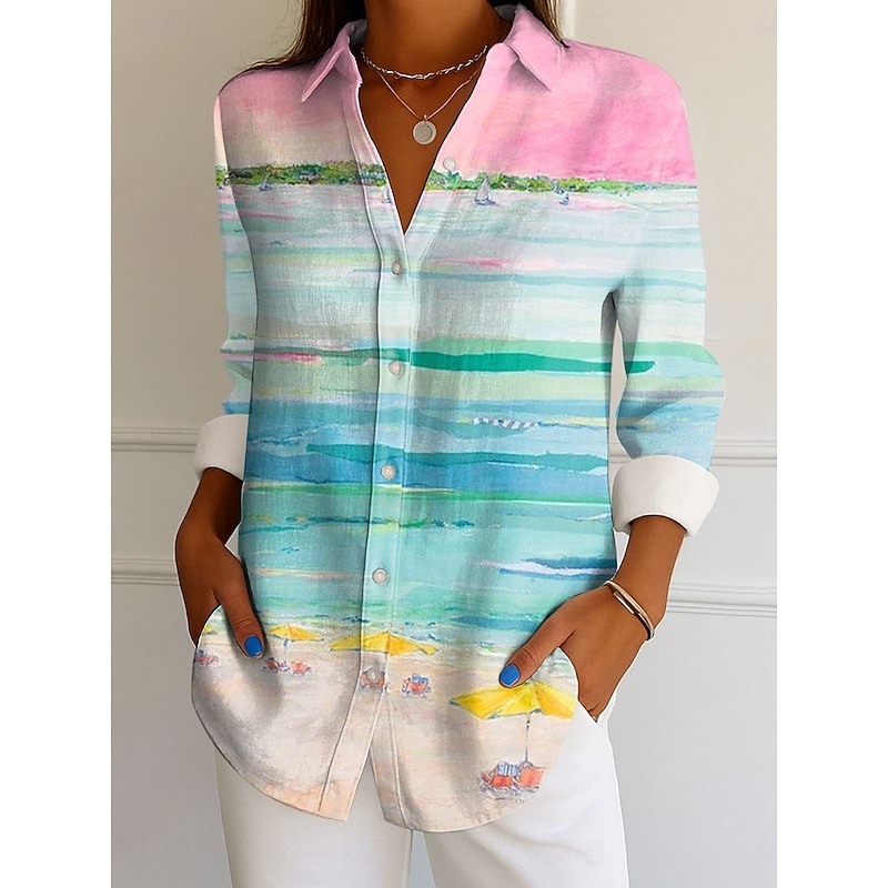 Women's Shirt Button Down Tunic Shirt Collar Long Sleeve Ombre Graphic Elegant Vintage Tropical Regular Tops Work Daily s Print Yellow Pink Blue Purple Spring