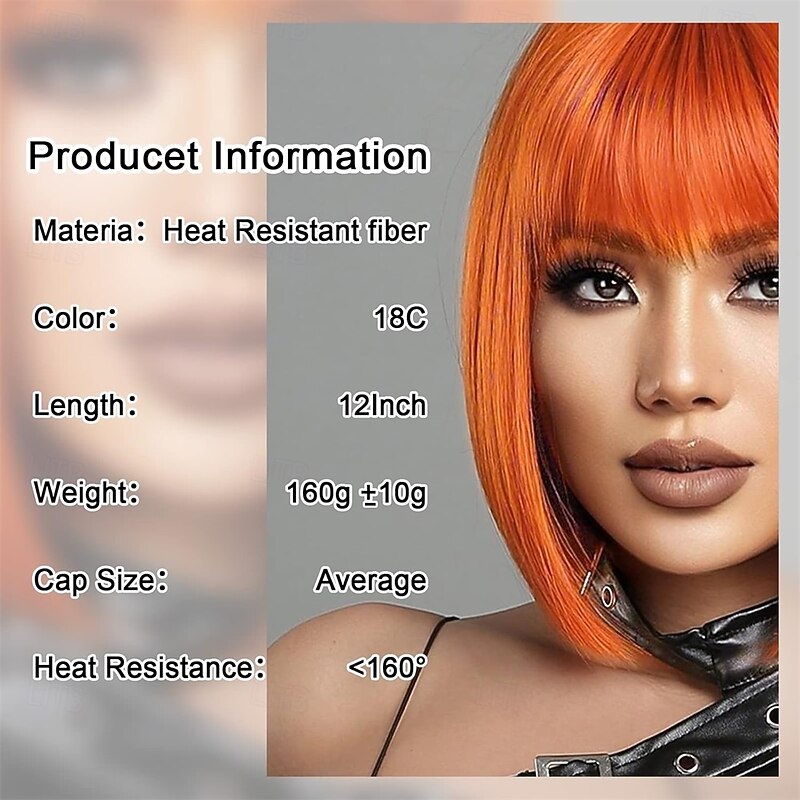 Short Bob Wigs With Bangs - Straight bob wig for women Ginger 12inch Synthetic wig Heat Resistant Fiber Hair Natural and stylish look suitable for cosplay parties3