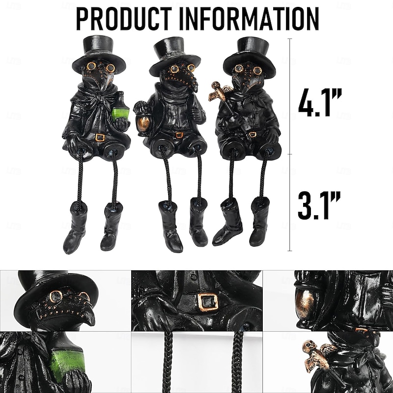 3 Pcs Halloween Plague Doctor with Dangling Legs Figurines Decoration Resin Gothic Scary Crow Table Fireplace Shelf Sitting Figurines Party Ornament Gifts for Indoor Home Decor3