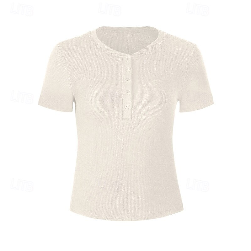 Women's Yoga T-shirt Henley Collar Breathable Short Sleeve Sports Solid Color Top For Pilates Running Yoga Activewear4