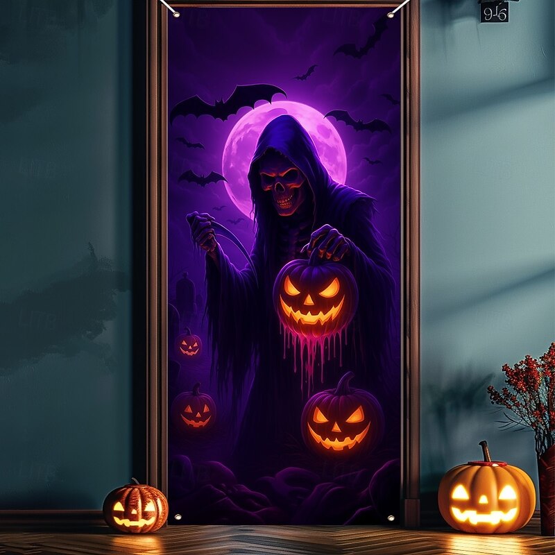 Halloween Door Cover Neon Grim Reaper with Pumpkins Banner, Glowing Blacklight Entrance Decoration for Outdoor & Indoor 2025 Halloween Bedroom, Living Room, Bathroom4