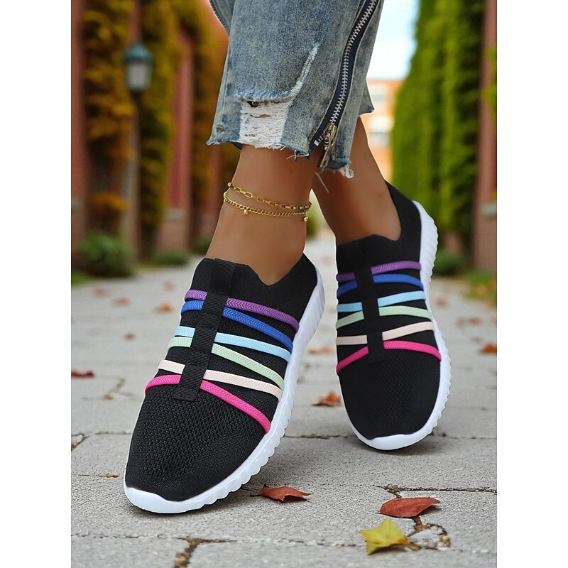 Women's Red Flyknit Slip-On Sneakers – Breathable Lightweight Walking Shoes with Colorful Elastic Straps for Travel, Weekend Outings and Casual Daily Wear4