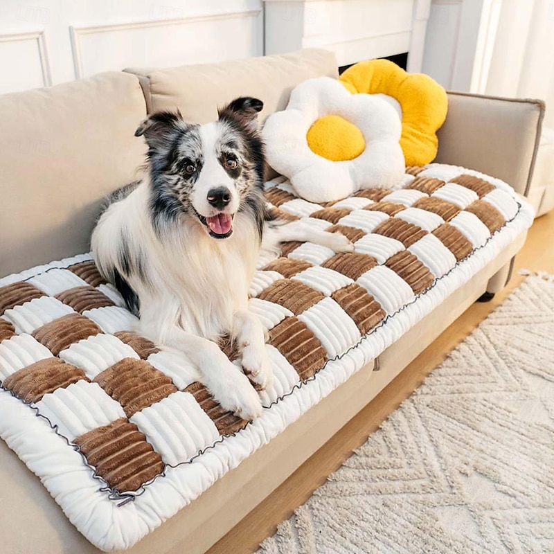 Cream Sofa Cover For Dog Large Plaid Square Fuzzy Pet Dog Mat Bed Box Cushion Couch Cover Pet Friendly
