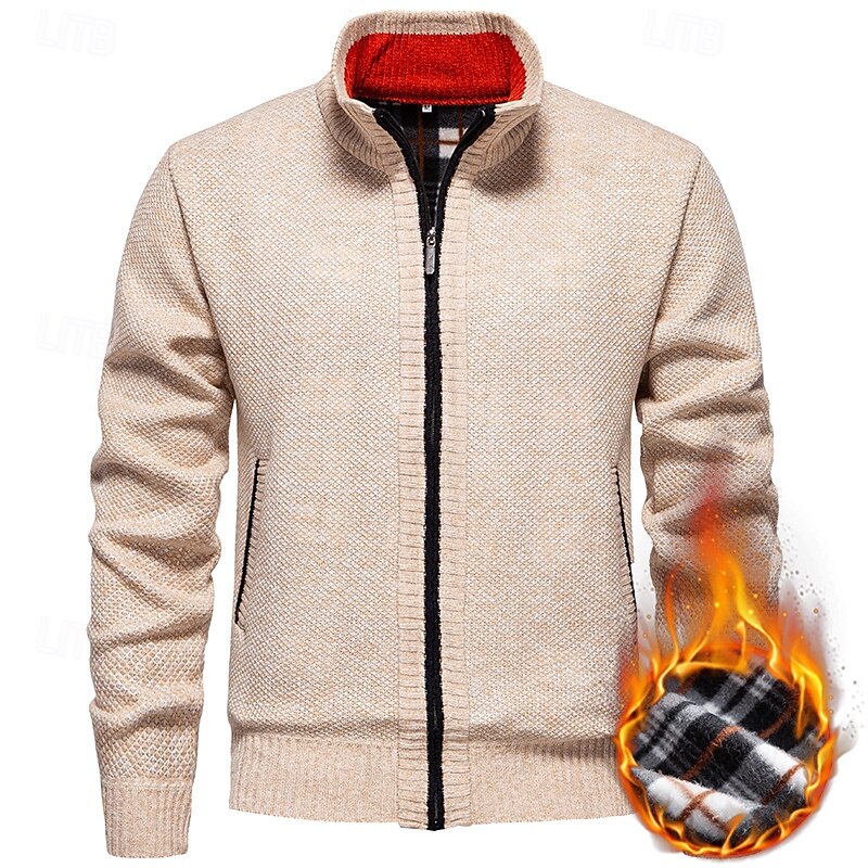 Men's Cardigan Sweater Cropped  Sweater Zip Sweater Knit Sweater Ribbed Knit Regular Tops Pocket Fleece Plain Stand Collar Fashion Classic Vacation Daily Wear Clothing Apparel Fall Winter Wine Red