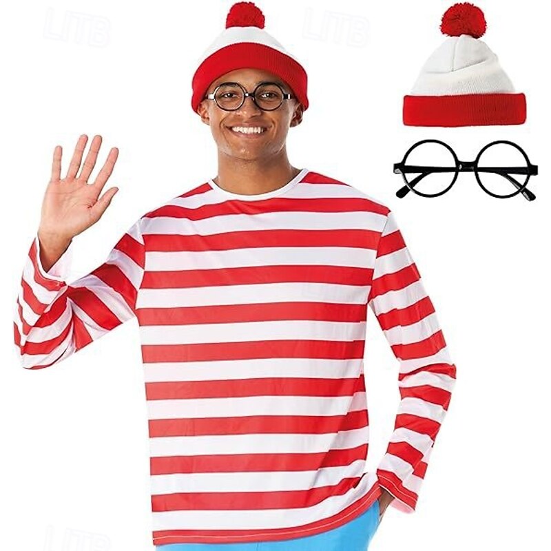 Where's Wally Cosplay Costume Outfits Storybook Characters Casual Movie Cosplay for Men's Adults' Halloween Carnival World Book Day Performance Educational Dress Up School Event Dress Up