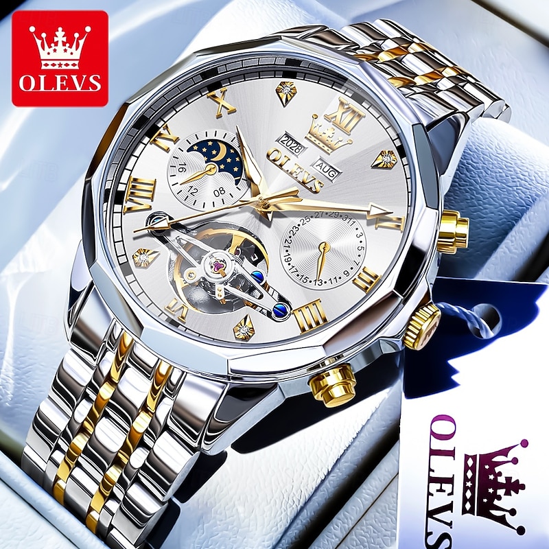 OLEVS Men Mechanical Watch Outdoor Fashion Casual Wristwatch Automatic Self-winding Moon phase Luminous Perpetual Calendar Steel Watch4
