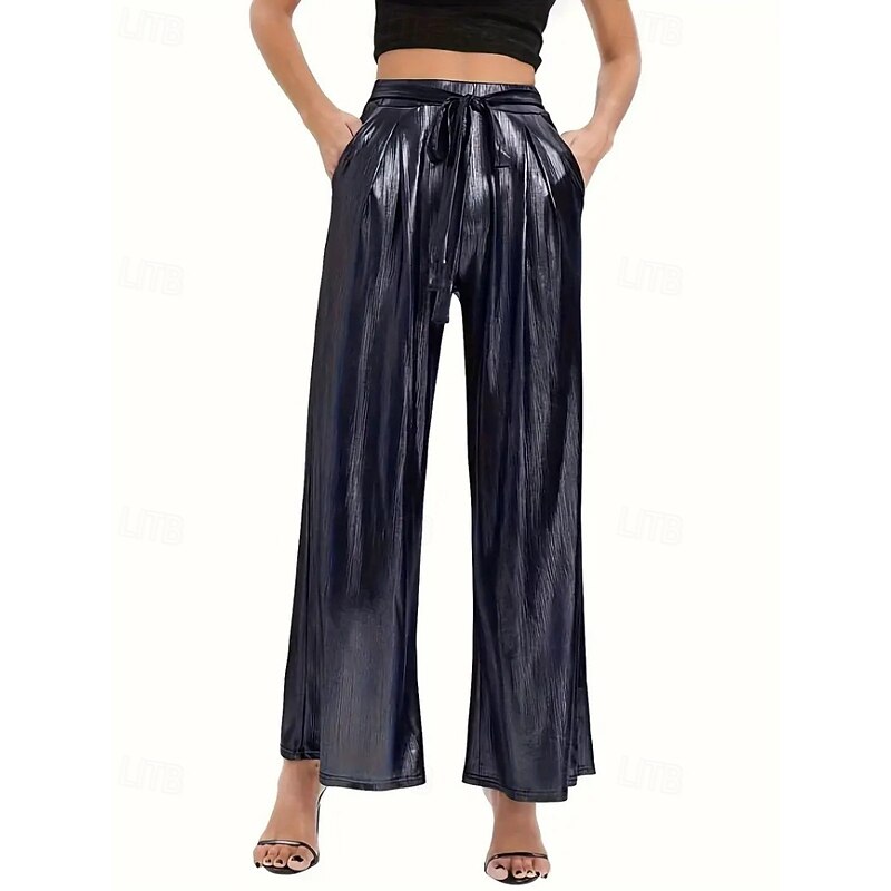 Women's Wide Leg Slacks Streetwear Casual Full Length Natural Plain Pocket Elastic Waist Comfortable Street Holiday Daily Wear Black Golden Fall Regular Fit4