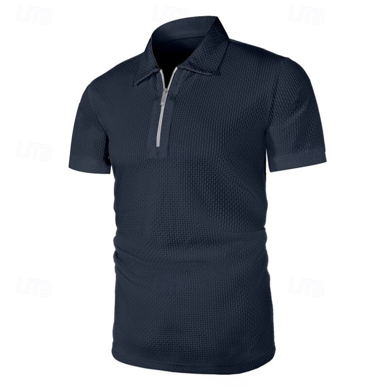 Men's Waffle Polo Shirts Golf Shirt Business Casual Lapel Quarter Zip Short Sleeve Fashion Basic Plain Quarter Zip Plain Summer Regular Fit Black White Navy Blue Dark Blue Gray Waffle Polo Shirts3