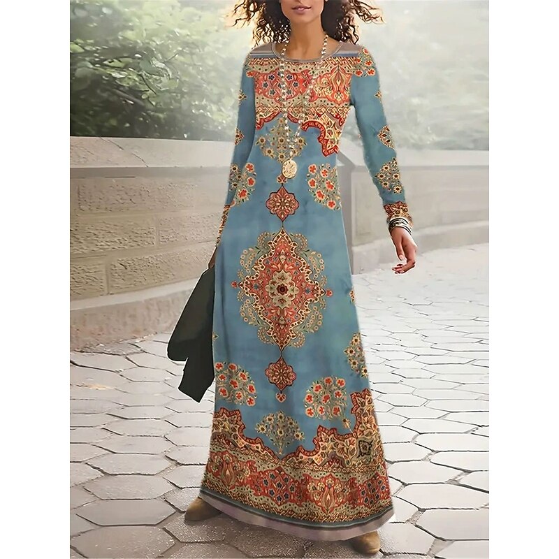 Women's Maxi Dress Vintage Bohemian A Line Dress Crew Neck Long Sleeve Casual Daily Regular Fit Graphic Paisley Abstract Yellow Blue Camel Spring Fall Winter Autumn