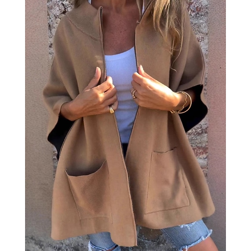 Women's Casual Jacket Comfortable Zipper Pocket Fashion Plain Street Holiday Zipper Regular Stand Collar Regular Fit 3/4 Length Sleeve Outerwear Brown Fall Winter