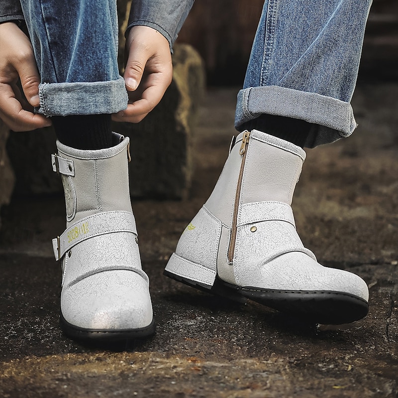 Men's White Faux Leather Moto Ankle Boots with Buckle Straps – Punk Style Fashion Boots for Parties and Streetwear2