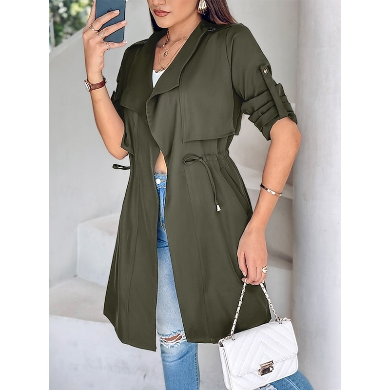 Women's Casual Jacket Comfortable Breathable Pocket Fashion Casual Plain Vacation Street Casual Daily Wear Open Front Regular Turndown Regular Fit Long Sleeve Outerwear Black Khaki Army Green Summer4