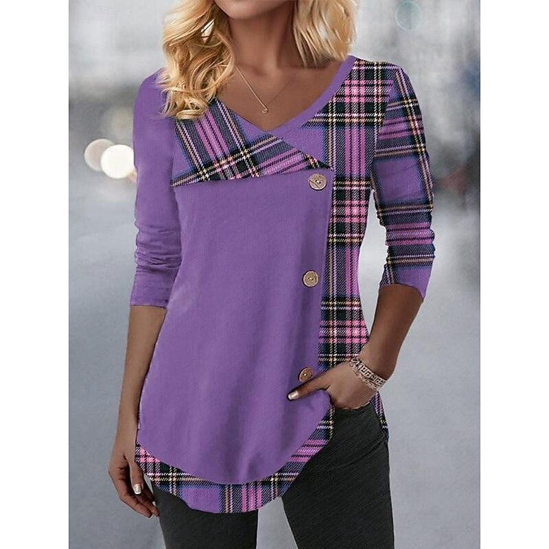 Women's Blouse Tunic V Neck Long Sleeve Buttons Plaid Stylish Casual Regular Tops Daily Print Pink Blue Purple Green Spring Fall Prefall4