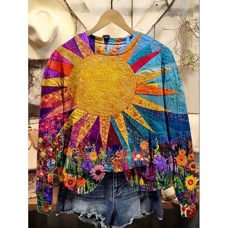 Women's Pullover Sweatshirt Floral Graphic Geometric Warm Active Vintage Long Sleeve Crew Neck Round Neck Regular Tops Street Dailywear Casual Print Yellow Blue Purple Spring Fall Winter4