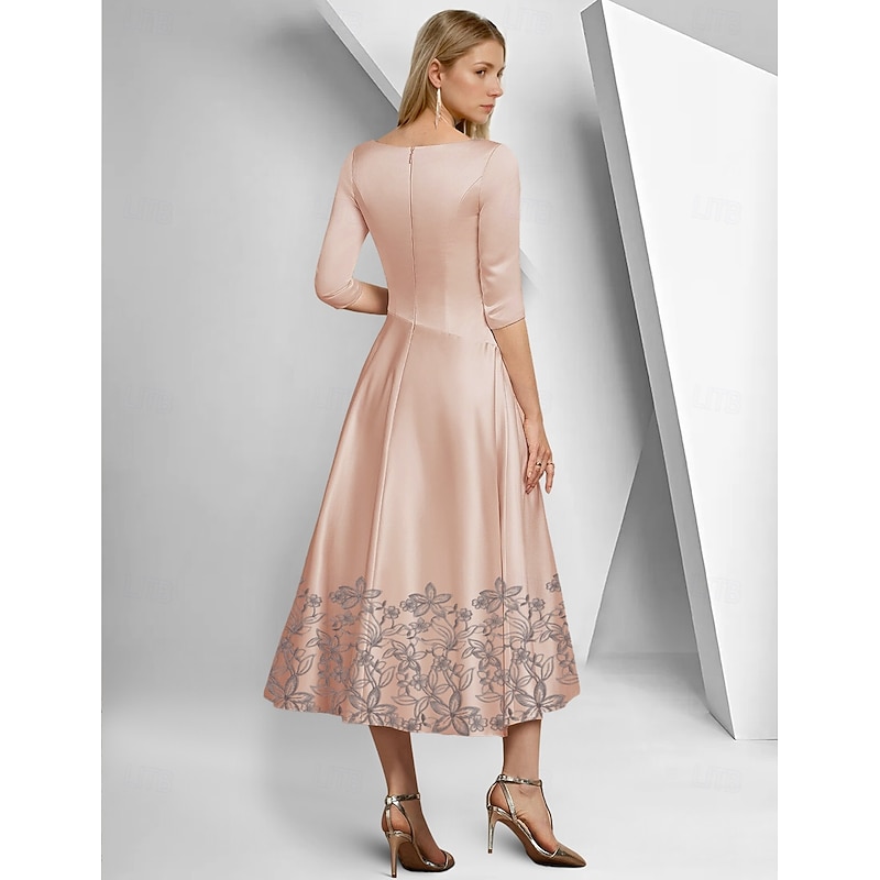 A-Line Dress Beach Wedding Mother of the Bride Dress Elegant Simple V Neck Ankle Length Tea Length Satin 3/4 Length Sleeve with Lace Ruched Sequin Race Day Dress3