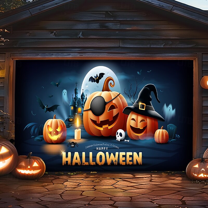 Halloween Outdoor Garage Door Cover Pumpkin Skeletons Banner Large Tapestry Backdrop Decoration for Holiday Outdoor Garage Door Home Wall Decorations2