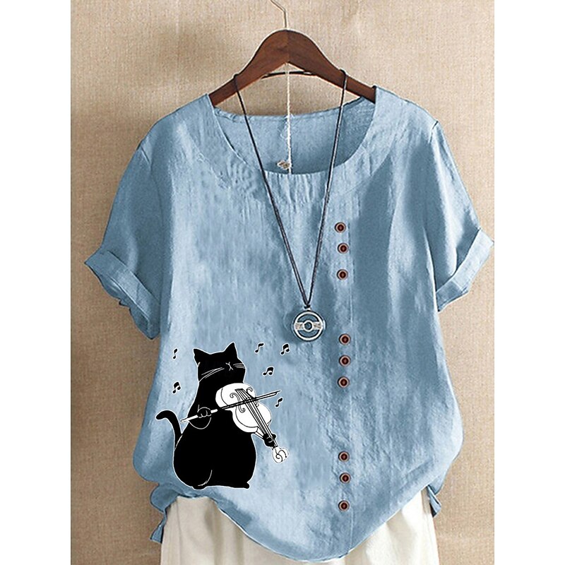 Women's Cotton Linen Shirts Animal Cat Elegant Vintage Tropical Sleeveless Short Sleeve Crew Neck Regular Tops Daily Holiday Vacation Wear Buttons Grass Green White Yellow Pink Army Green Summer2