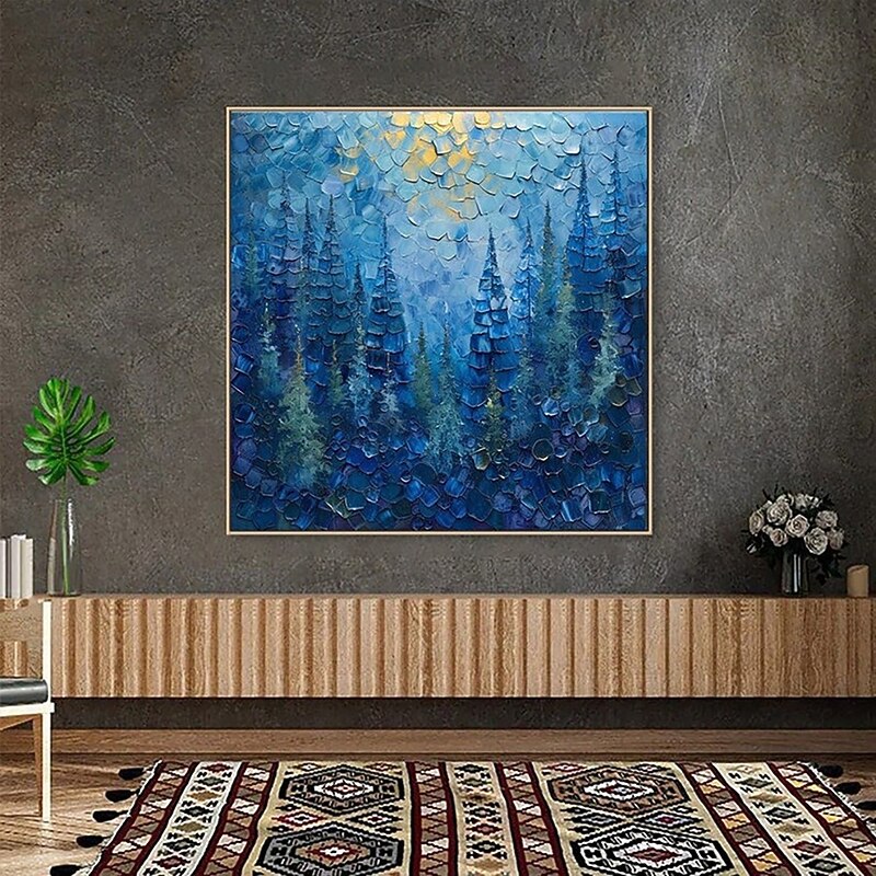 Handmade Oil Painting Canvas Wall Art Decoration Modern Abstrac Blue Forestt Landscape for Home Decor Rolled Frameless Unstretched Painting