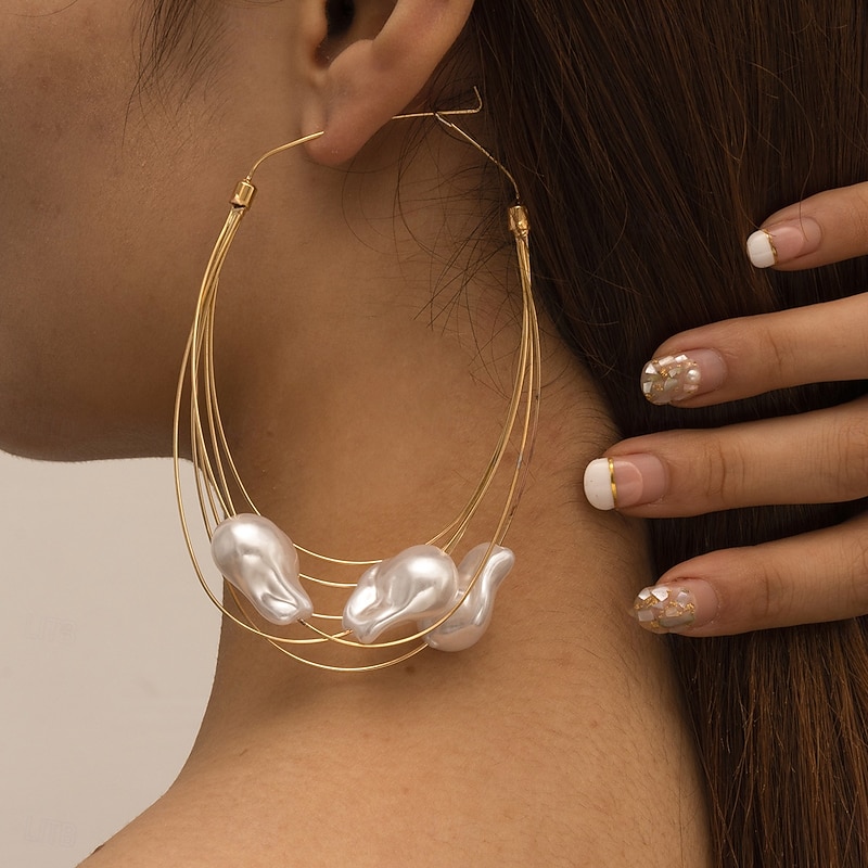 Women's Oversized Gold Wire Hoop Earrings with Irregular Pearl Drops - Artistic Statement Jewelry for Fashion Parties and Trendy Events2