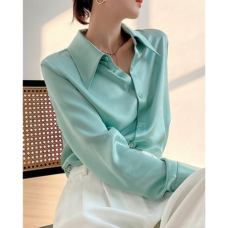 Women's Shirt Plain Stylish Modern Long Sleeve Shirt Collar Regular Tops Daily Holiday Buttons Black White Green Spring Fall2