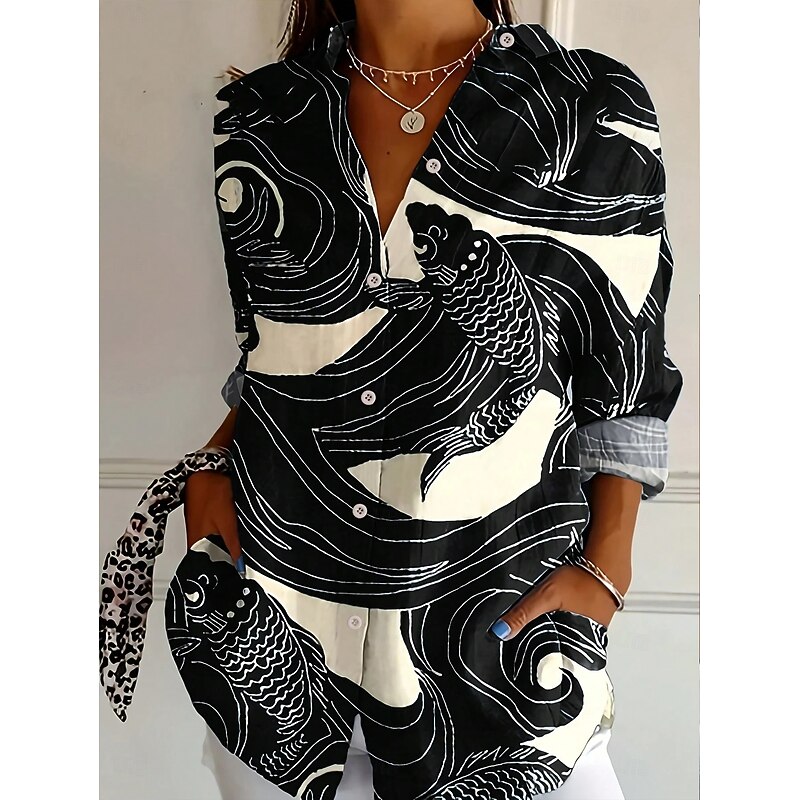 Women's Shirt Button Down Tunic Shirt Collar Long Sleeve Graphic Animal Elegant Vintage Tropical Regular Tops Daily Holiday Beach Wear s Print Black Pink Blue Spring Fall4