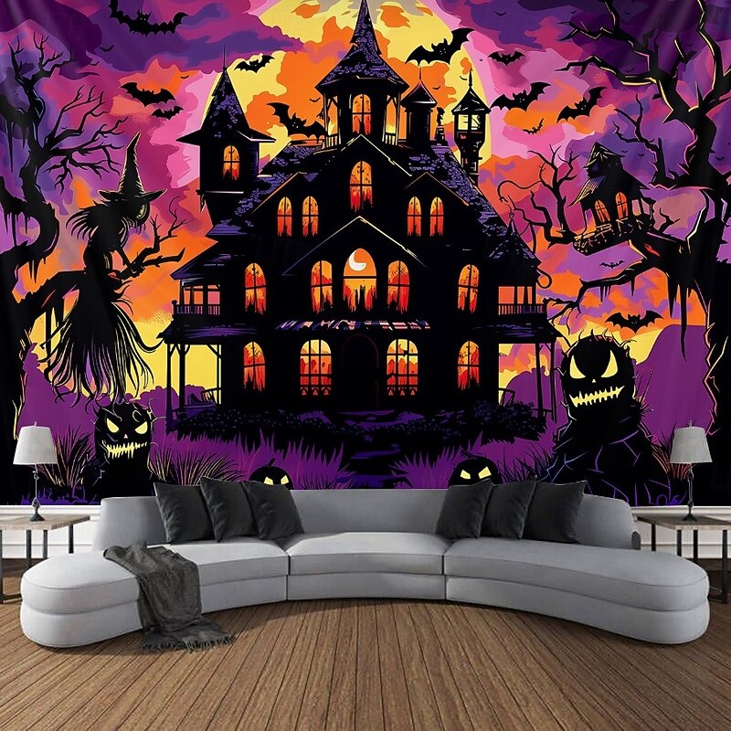 Halloween Blacklight Wall Tapestry – UV Reactive Haunted House with Glowing Windows, Neon Colors Spooky Graveyard Scene, Glow in the Dark Gothic Backdrop for 2025 Halloween Party Decoration2